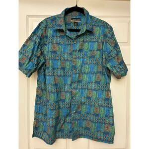 Casual‎ Life Men's XL Short Sleeve Geometric Print Cotton Shirt Blue Green
